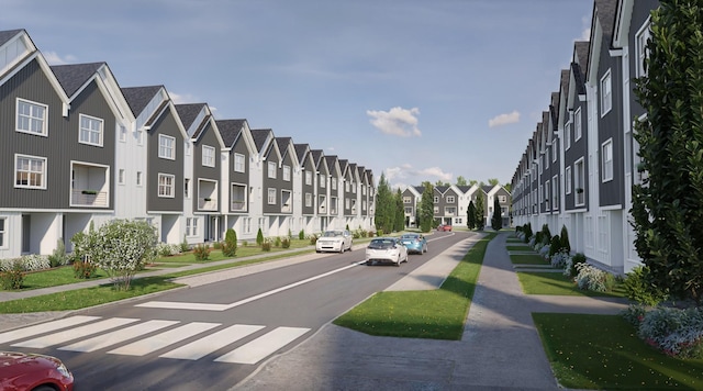 view of street with sidewalks, a residential view, and curbs