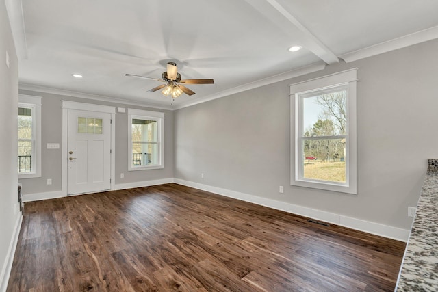 entryway featuring plenty of natural light, ornamental molding, baseboards, and dark wood-style flooring