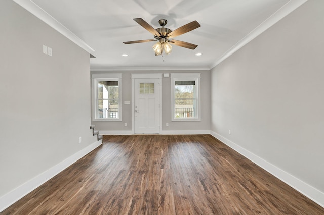 interior space featuring recessed lighting, baseboards, dark wood-style flooring, and ornamental molding