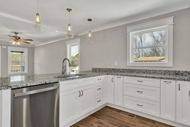 kitchen featuring stainless steel dishwasher, crown molding, dark wood-type flooring, and a sink