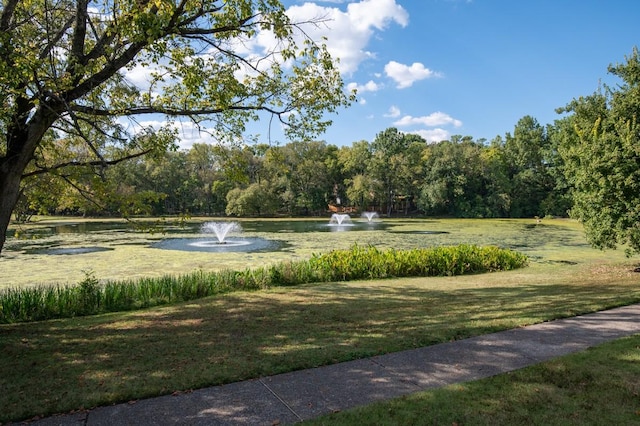 surrounding community with a yard and a water view