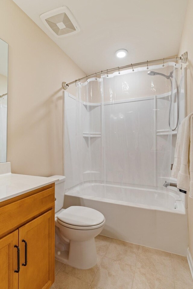 full bath featuring tile patterned flooring, toilet, tub / shower combination, and visible vents