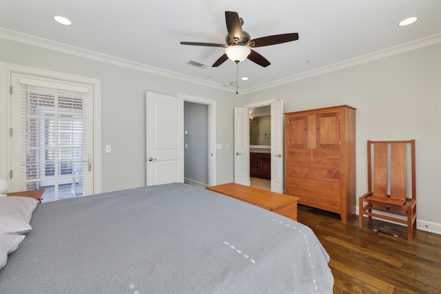 bedroom with recessed lighting, visible vents, dark wood-style floors, and crown molding