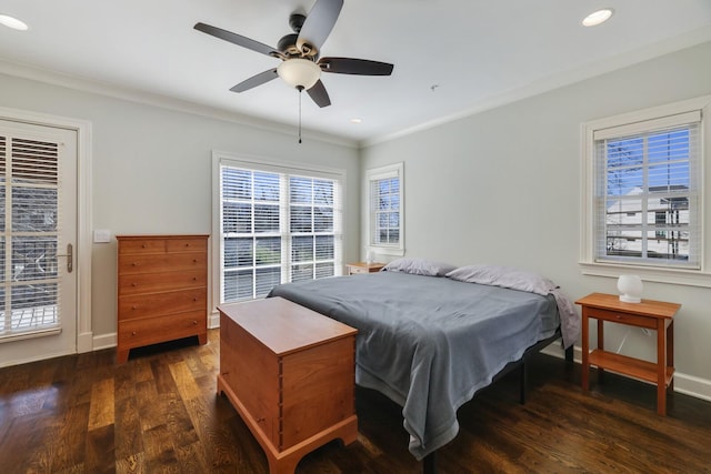 bedroom with recessed lighting, wood finished floors, baseboards, and ornamental molding