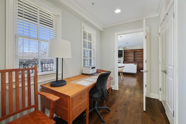 office featuring crown molding, recessed lighting, and dark wood-type flooring