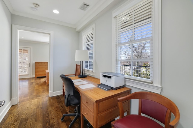 office with visible vents, crown molding, dark wood-type flooring, baseboards, and recessed lighting