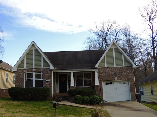 view of front of home featuring concrete driveway, a garage, brick siding, and a front yard