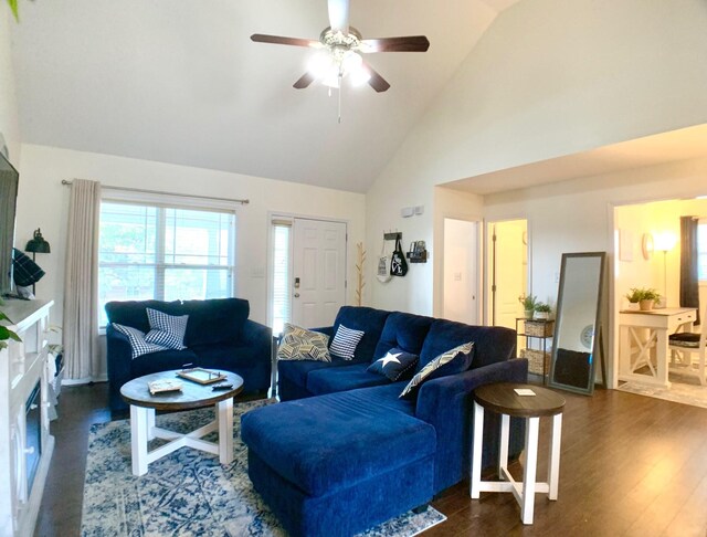 1016 Sunset Dr, Clarksville, TN 37040 - living room featuring high vaulted ceiling, dark wood-style flooring, a high end fireplace, and ceiling fan