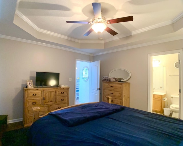 1016 Sunset Dr, Clarksville, TN 37040 - bedroom featuring a raised ceiling, crown molding, ensuite bathroom, and ceiling fan
