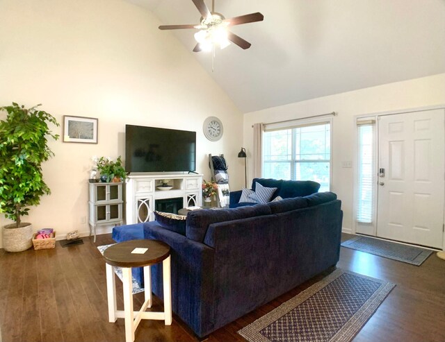 1016 Sunset Dr, Clarksville, TN 37040 - living room with baseboards, dark wood-type flooring, ceiling fan, and high vaulted ceiling