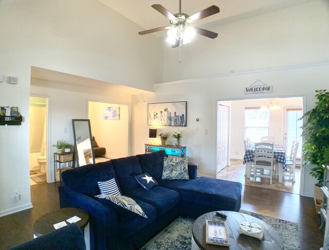 1016 Sunset Dr, Clarksville, TN 37040 - living area with a towering ceiling, baseboards, ceiling fan, and wood finished floors
