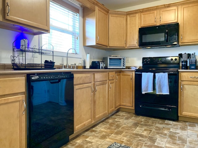 1016 Sunset Dr, Clarksville, TN 37040 - kitchen featuring light brown cabinetry, black appliances, and a sink