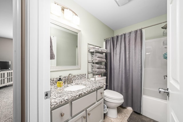 bathroom featuring tile patterned flooring, visible vents, toilet, vanity, and shower / bathtub combination with curtain