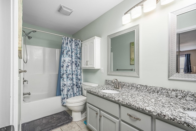 full bath featuring tile patterned flooring, visible vents, toilet, shower / bath combo, and vanity