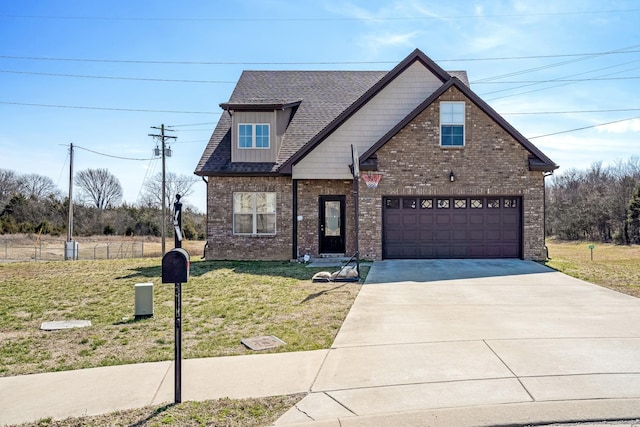 view of front of home featuring brick siding, a front lawn, concrete driveway, roof with shingles, and a garage