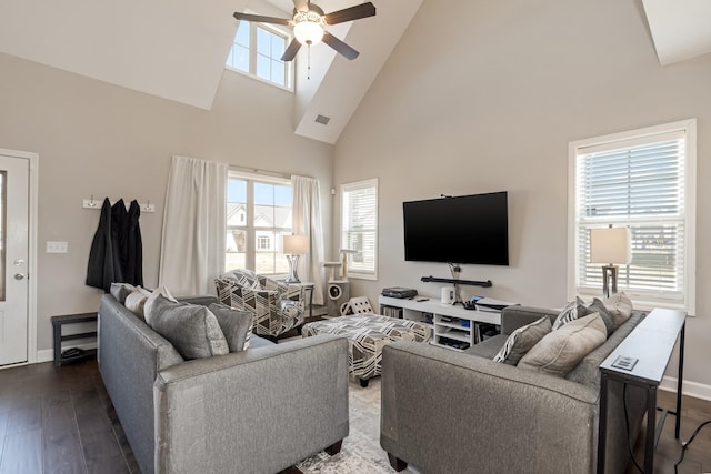 living room featuring visible vents, dark wood-type flooring, high vaulted ceiling, baseboards, and ceiling fan