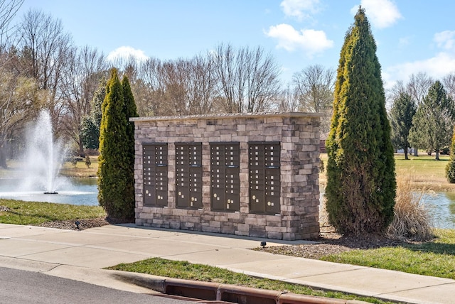 surrounding community with mail area and a water view