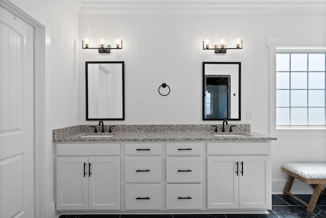 bathroom featuring a sink, a healthy amount of sunlight, and ornamental molding