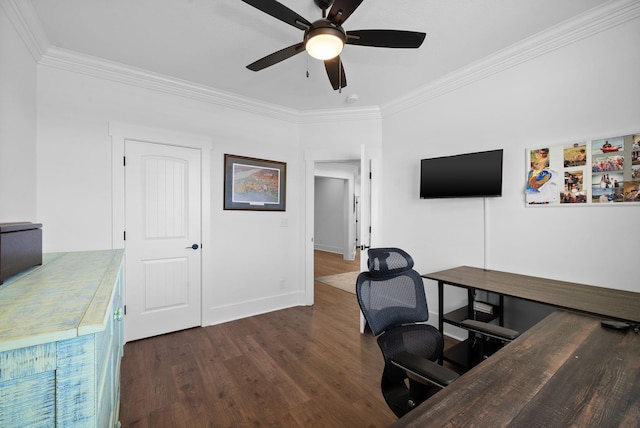 office featuring baseboards, crown molding, a ceiling fan, and wood finished floors