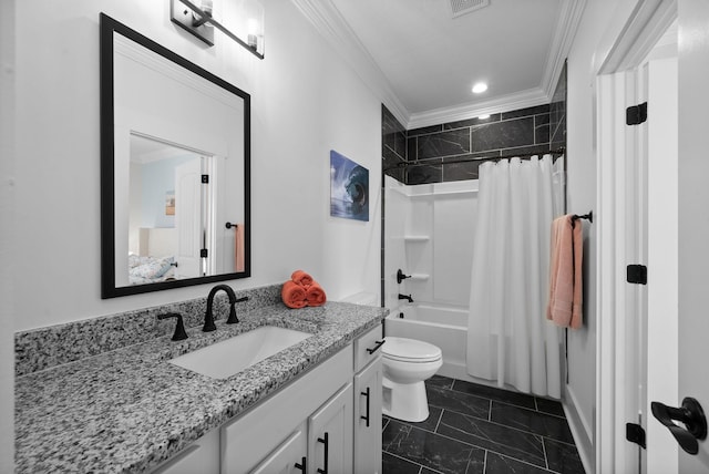 bathroom with vanity, crown molding, toilet, marble finish floor, and shower / tub combo with curtain