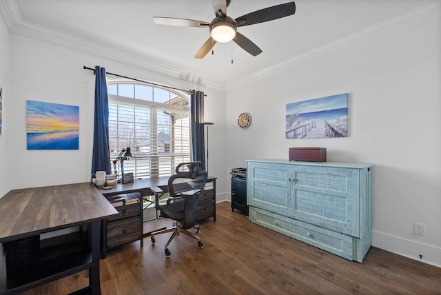 office with ceiling fan, baseboards, wood finished floors, and ornamental molding