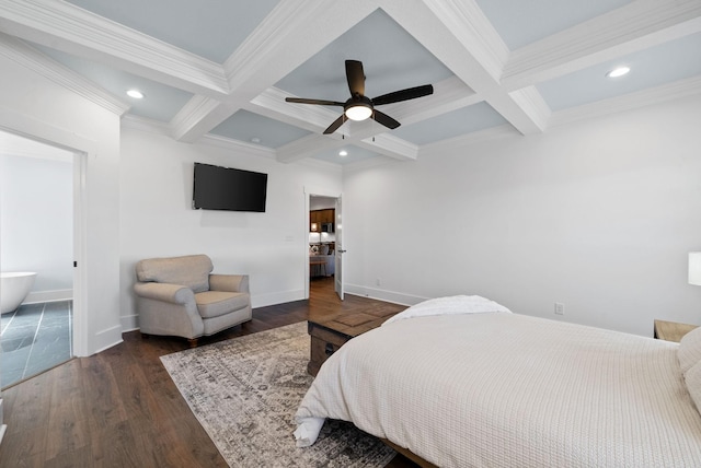 bedroom featuring beamed ceiling, baseboards, coffered ceiling, and wood finished floors