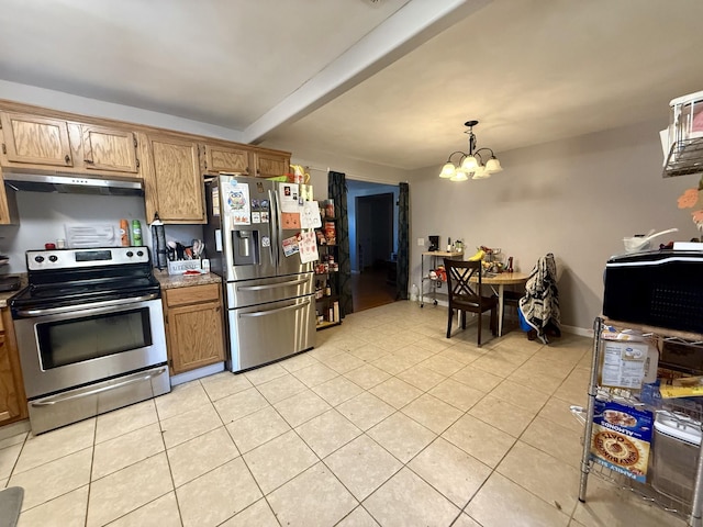 kitchen featuring an inviting chandelier, light tile patterned floors, under cabinet range hood, and stainless steel appliances