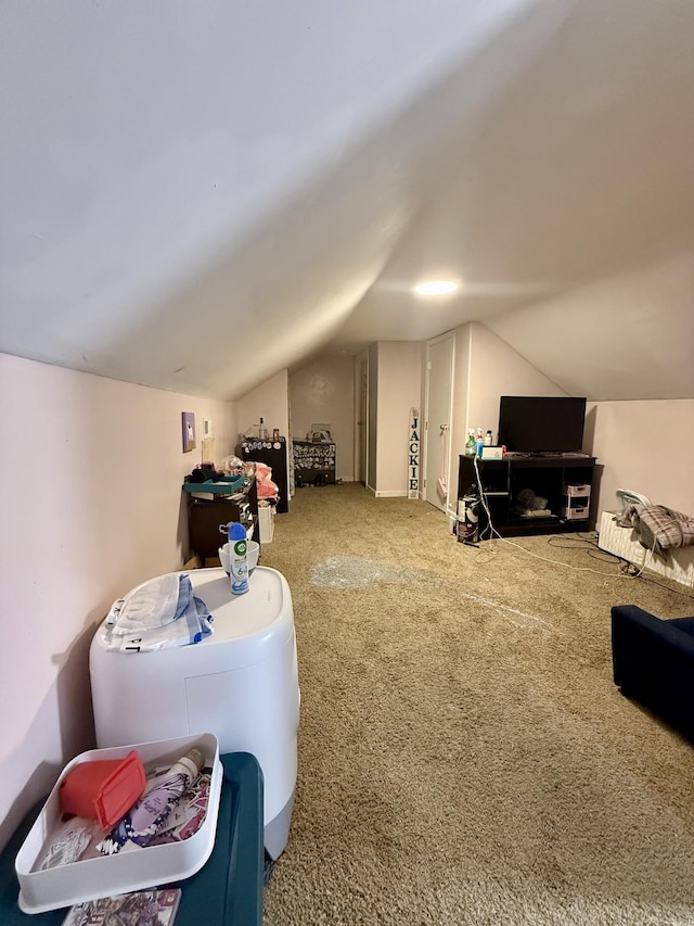 interior space featuring carpet and vaulted ceiling