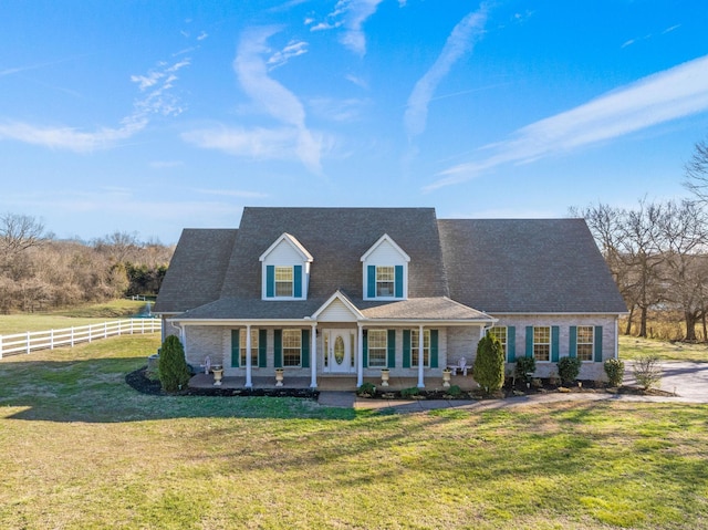 view of front of property featuring covered porch, a front lawn, and fence