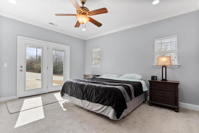 bedroom with access to outside, ornamental molding, visible vents, and light carpet