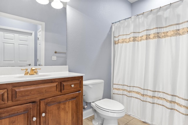 bathroom featuring tile patterned flooring, curtained shower, toilet, and vanity