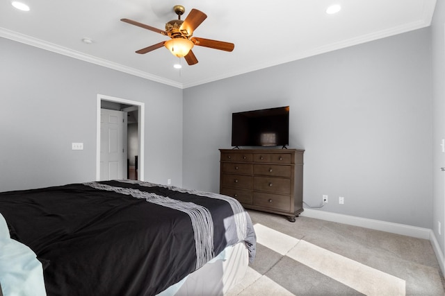 bedroom with recessed lighting, light colored carpet, crown molding, and baseboards