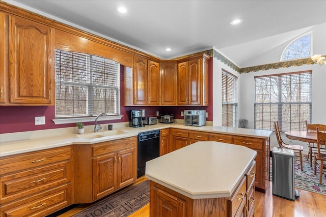 kitchen with a healthy amount of sunlight, a peninsula, a sink, vaulted ceiling, and dishwasher