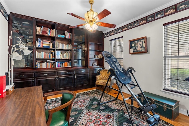 exercise room featuring plenty of natural light, wood finished floors, baseboards, and ceiling fan