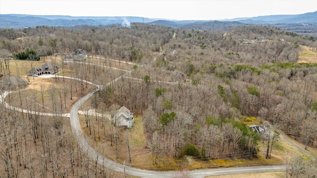 bird's eye view featuring a mountain view and a wooded view