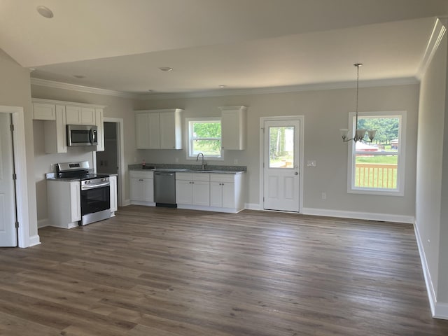 2486 Jason Dr, Chapel Hill, TN 37034 - kitchen featuring crown molding, dark wood-style floors, white cabinetry, a sink, and stainless steel appliances