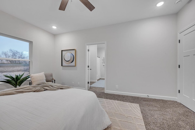 bedroom featuring recessed lighting, carpet, baseboards, and ceiling fan