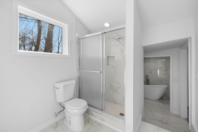 bathroom featuring a marble finish shower, baseboards, a freestanding bath, toilet, and marble finish floor