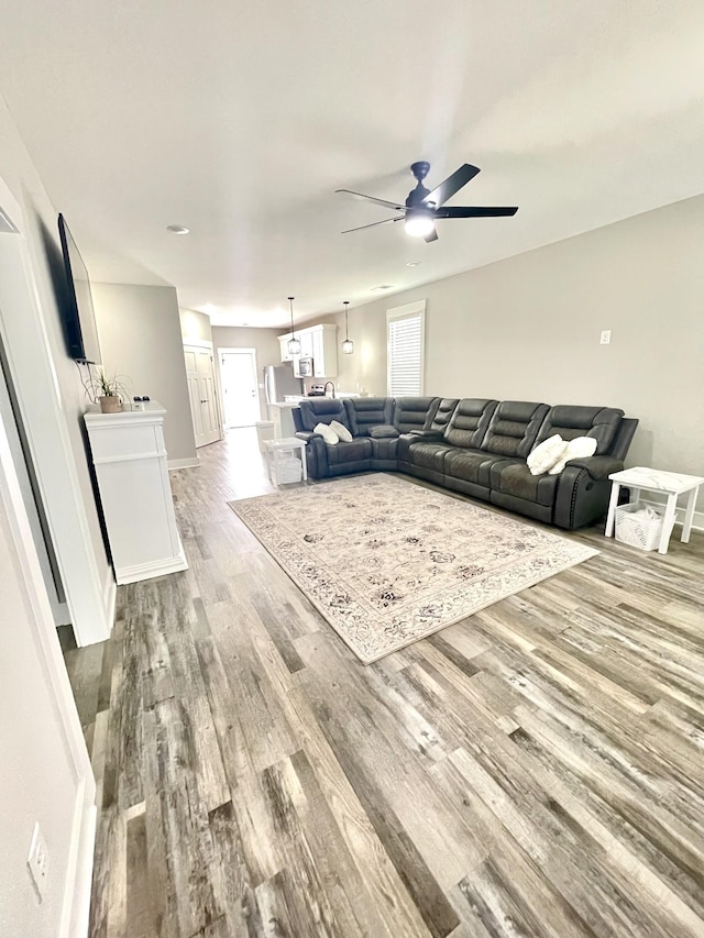 living area featuring baseboards, wood finished floors, and a ceiling fan