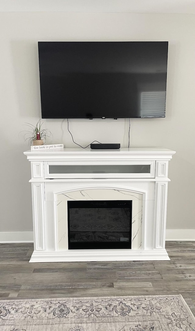 interior details featuring wood finished floors, a fireplace, and baseboards