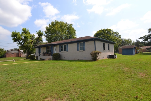 single story home featuring crawl space, central air condition unit, a front lawn, and brick siding