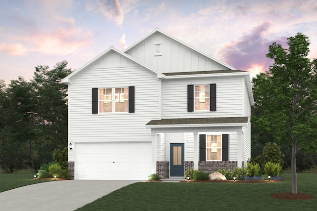 view of front of home featuring driveway, a front lawn, a garage, board and batten siding, and brick siding