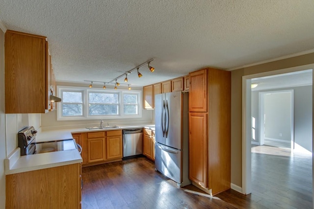 kitchen featuring range hood, a sink, stainless steel appliances, dark wood-type flooring, and light countertops