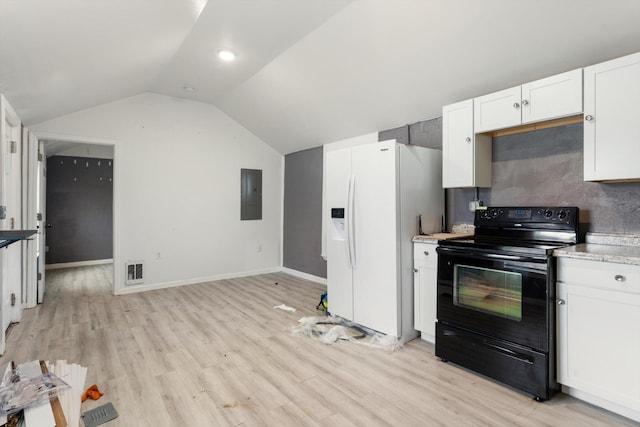 kitchen with electric panel, white cabinetry, black / electric stove, white fridge with ice dispenser, and vaulted ceiling