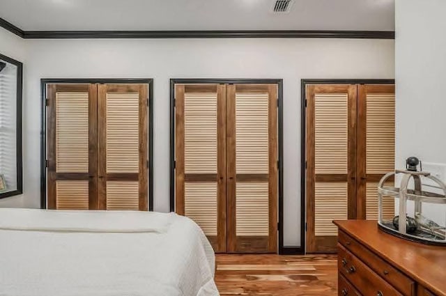 bedroom featuring wood finished floors, visible vents, two closets, and ornamental molding