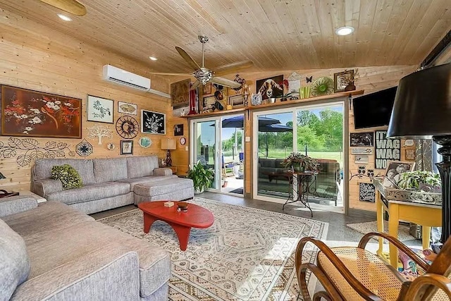 living area featuring wooden walls, high vaulted ceiling, recessed lighting, a wall mounted air conditioner, and wooden ceiling