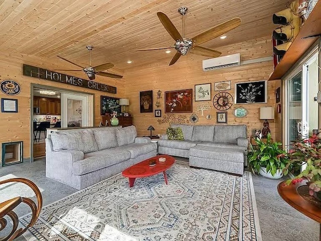 living area featuring wooden walls, recessed lighting, ceiling fan, an AC wall unit, and wooden ceiling