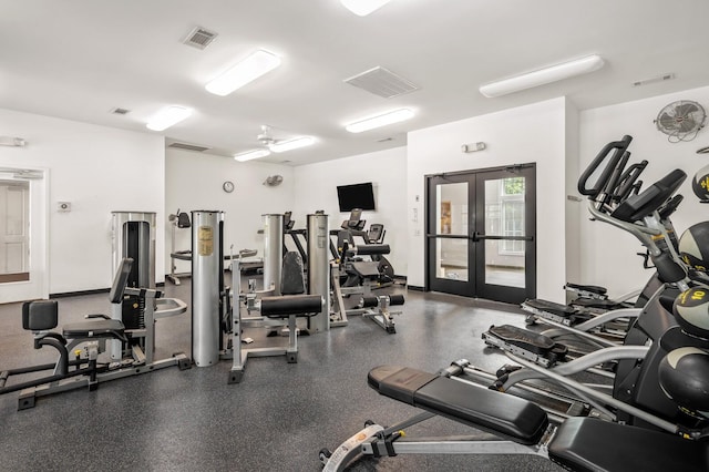 gym featuring french doors, visible vents, and baseboards