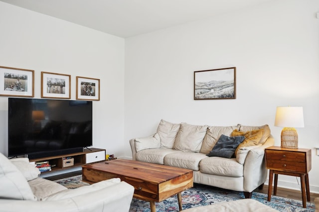 living area featuring wood finished floors and baseboards