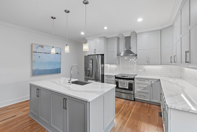 kitchen featuring gray cabinets, appliances with stainless steel finishes, wall chimney exhaust hood, and a sink